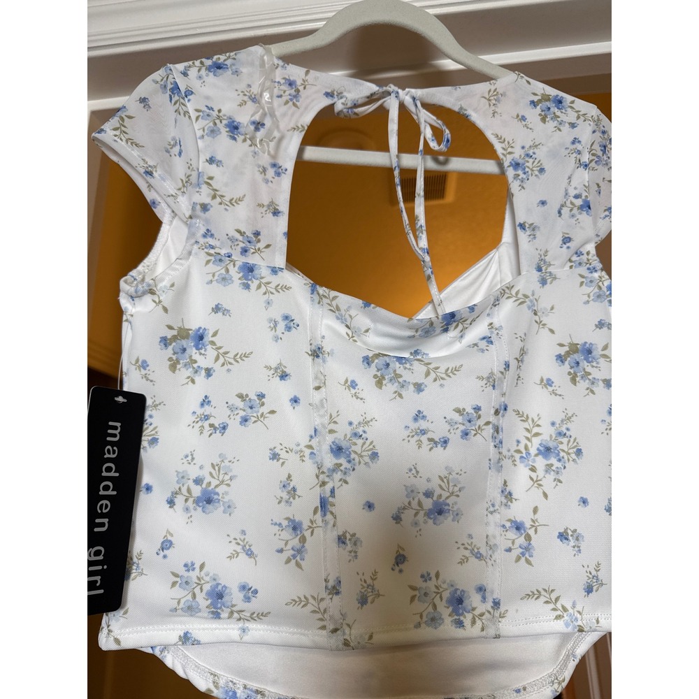 Madden Girl Floral Corset Top White Blue Mesh Sweetheart Neck Tie Back Large NEW - Picture 5 of 8